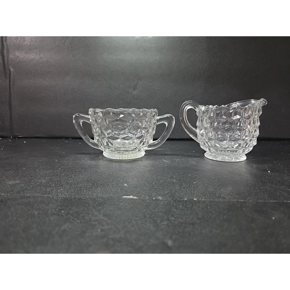 Fostoria American Cubist Creamer‎ and Sugar Set, Clear Glass Vintage Glassware